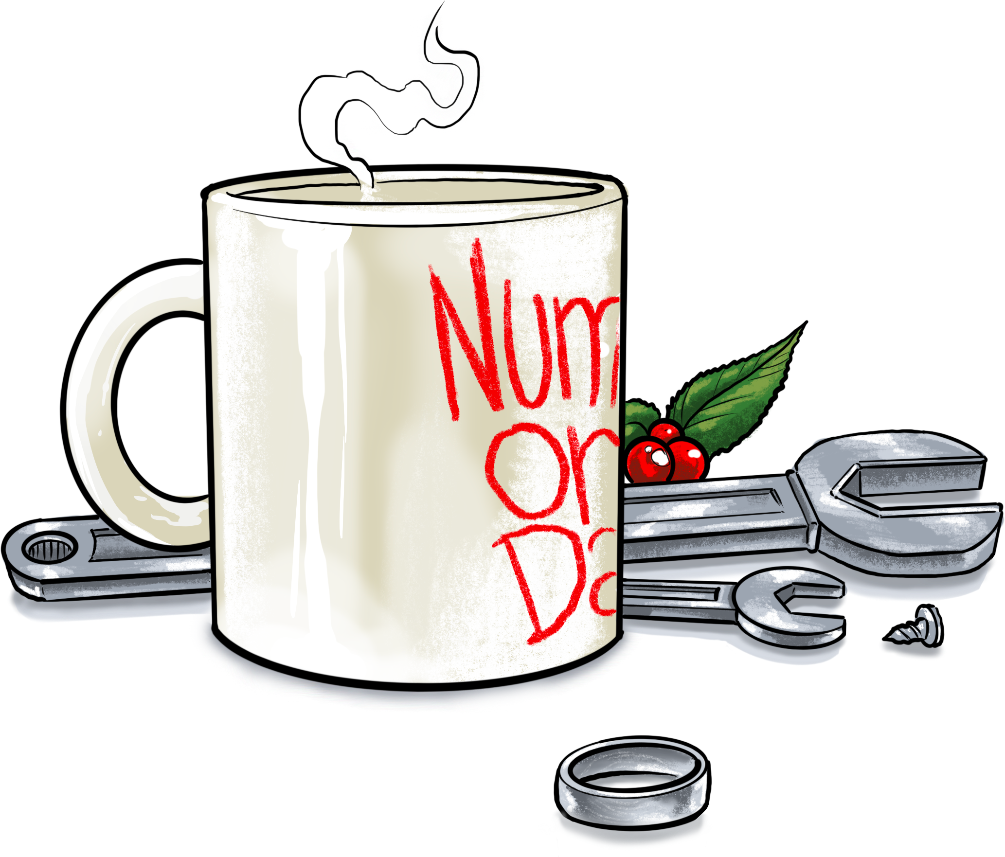 Coffee mug with wrenches, a ring, and holly berries.