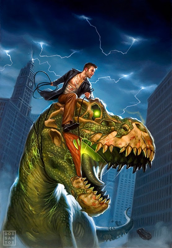 Harry rides a zombie T-Rex on the cover art for Wizard at Large