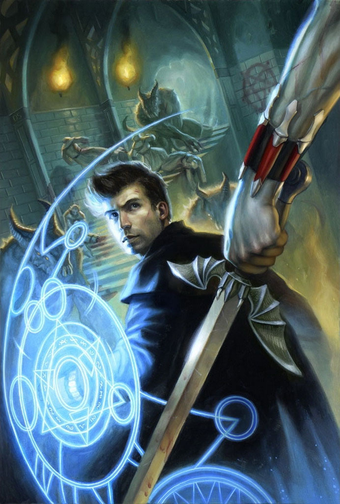 Harry shields himself from a sword-wielding attacker on the cover art for Wizard Under Fire