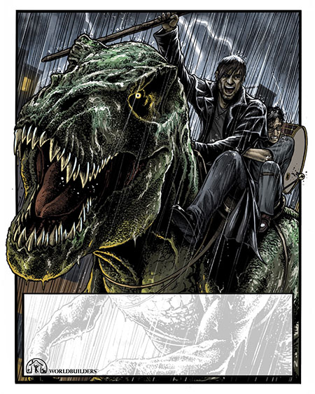 Harry and Butters ride Sue the Zombie T-Rex into battle! Both are drenched with rain, but Harry holds his staff high as he yells a rallying cry. Butters clings to Harry's midsection in terror.