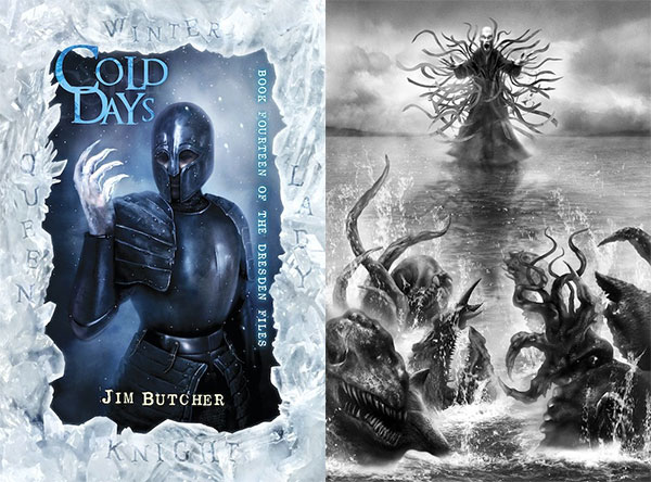 LEFT IMAGE: Cover Illustration featuring Harry weighed down by a dark suit of armor. Ice coats his upraised bare hand, forming claws. RIGHT IMAGE: Lovecraftian horrors thrash in the water, led by He Who Walks Before