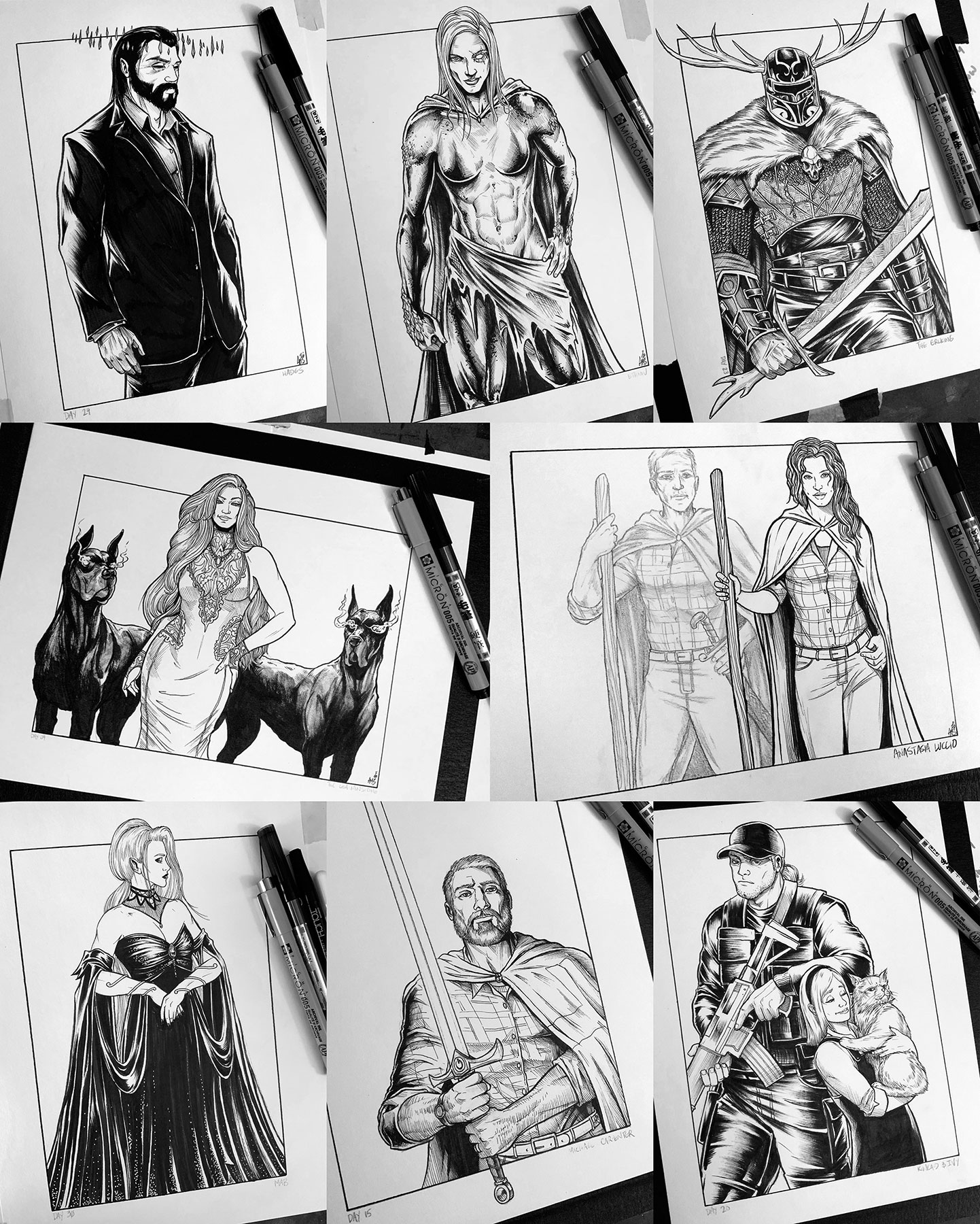 Collage of Adam Mathison-Sward illustrations for Inktober: Hades, Ethniu, the Erlking, Lea, Luccio, Mab, Michael, and Kincaid and Ivy
