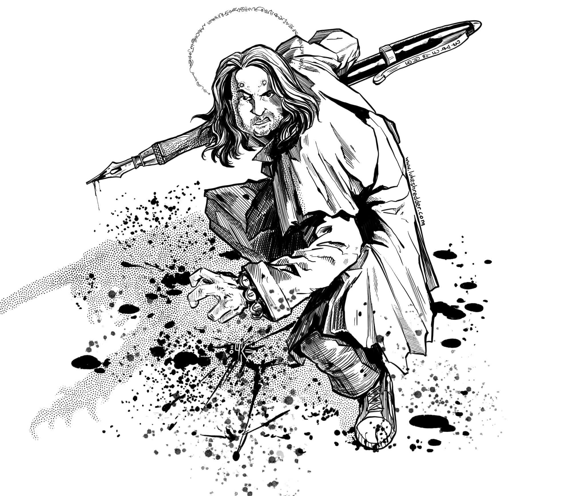 Illustration of Jim in an aggressive stance, holding a massive fountain pen like a weapon, covered in spatters of ink reminiscent of blood