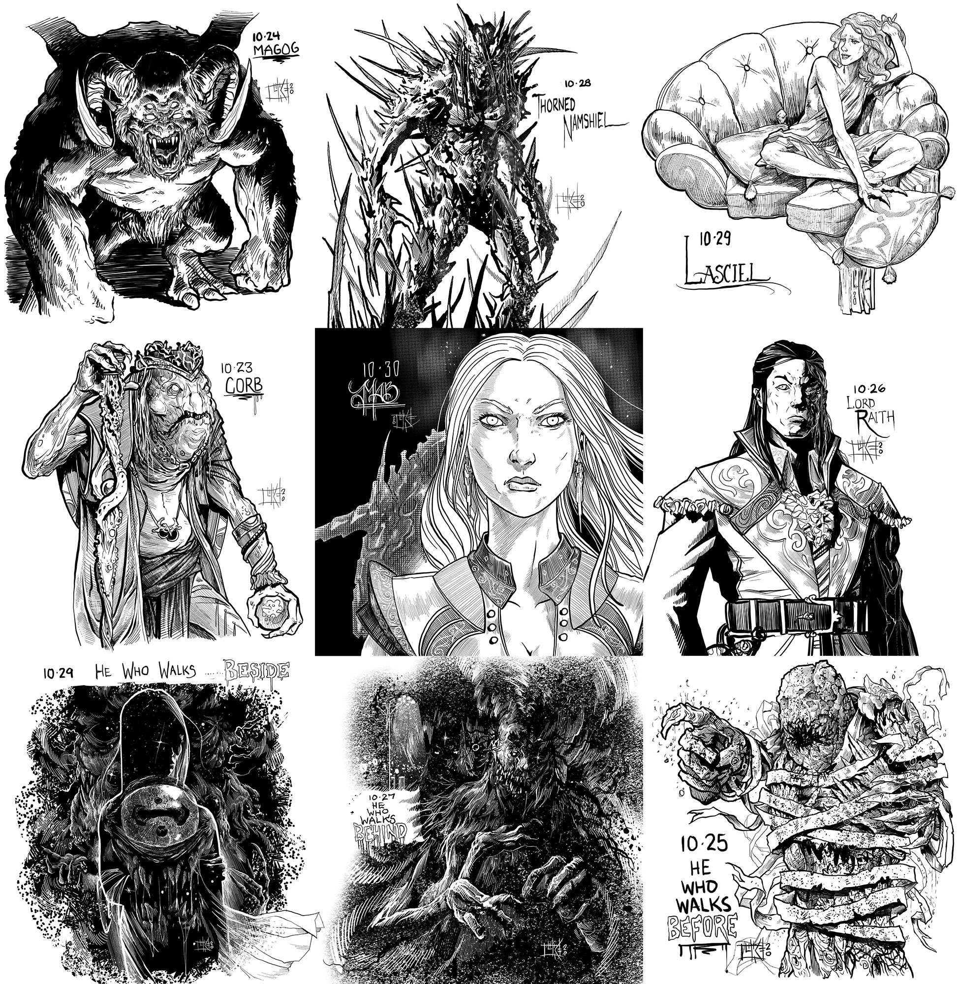 Collage of images by Luke Schroder for Inktober: Magog, Thorned Namshiel, Lasciel, King Corb, Mab, Lord Raith, and He Who Walks Beside, Behind, and Before