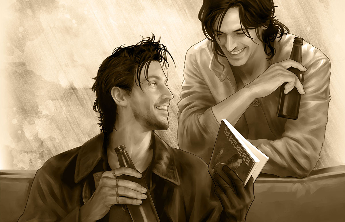 Harry and Thomas laugh together over a couple beers. Harry is holding a slim book titled "The Butcher Files." Illustration by Mika Kuloda.