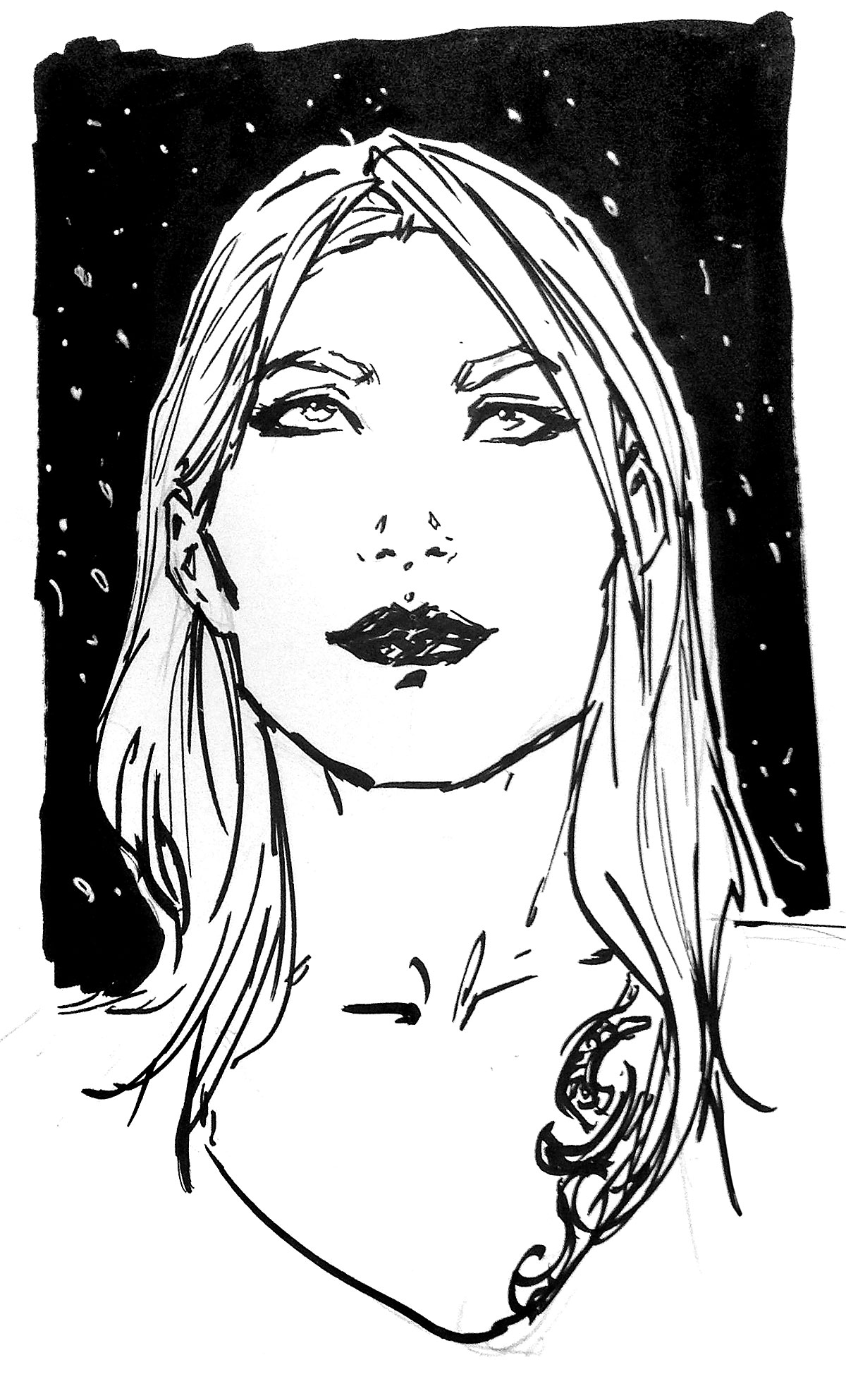 Simple yet striking brush pen illustration of Molly's face, looking self-assured and ethereal before a snowy backdrop.