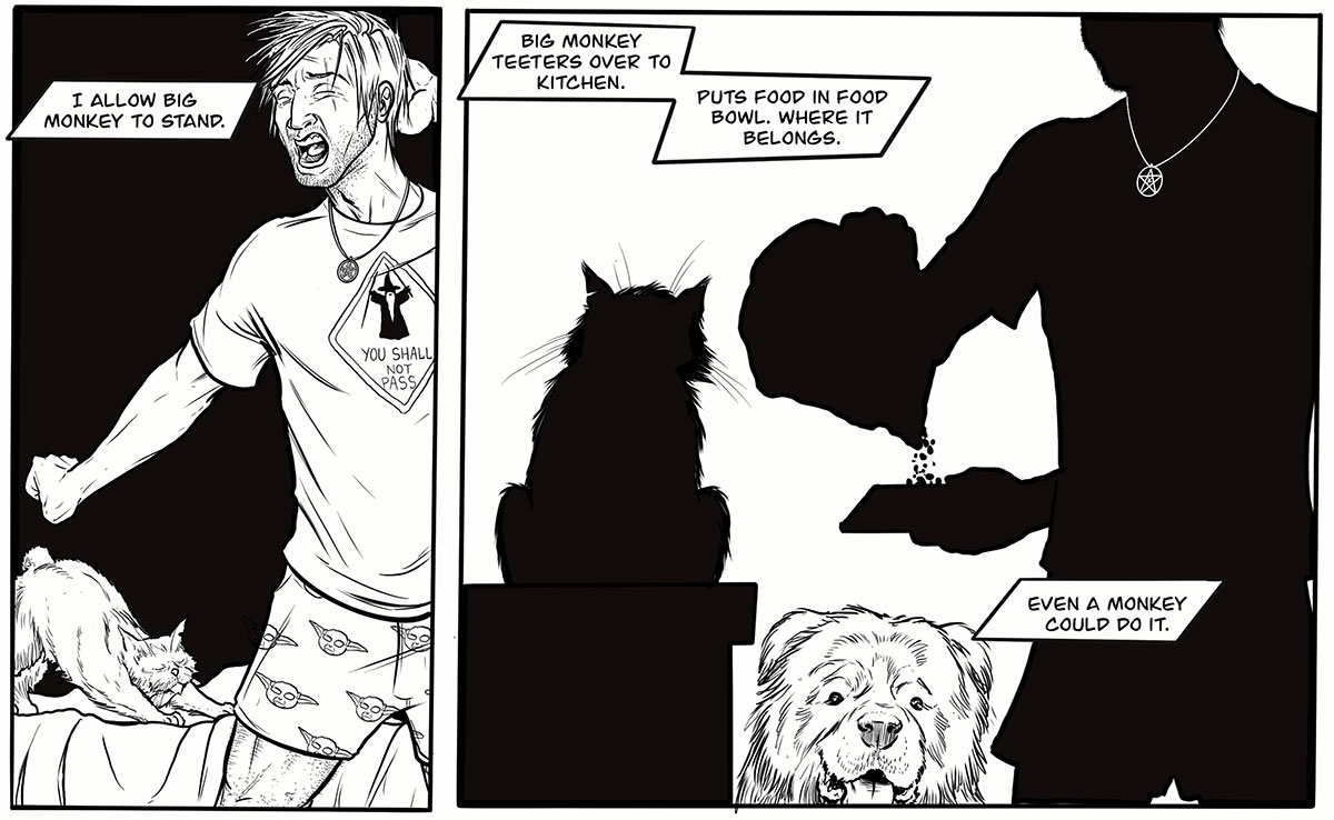 A panel from the Mister micro-comic: Harry and Mister stretch, then Harry fills Mister's food bowl.