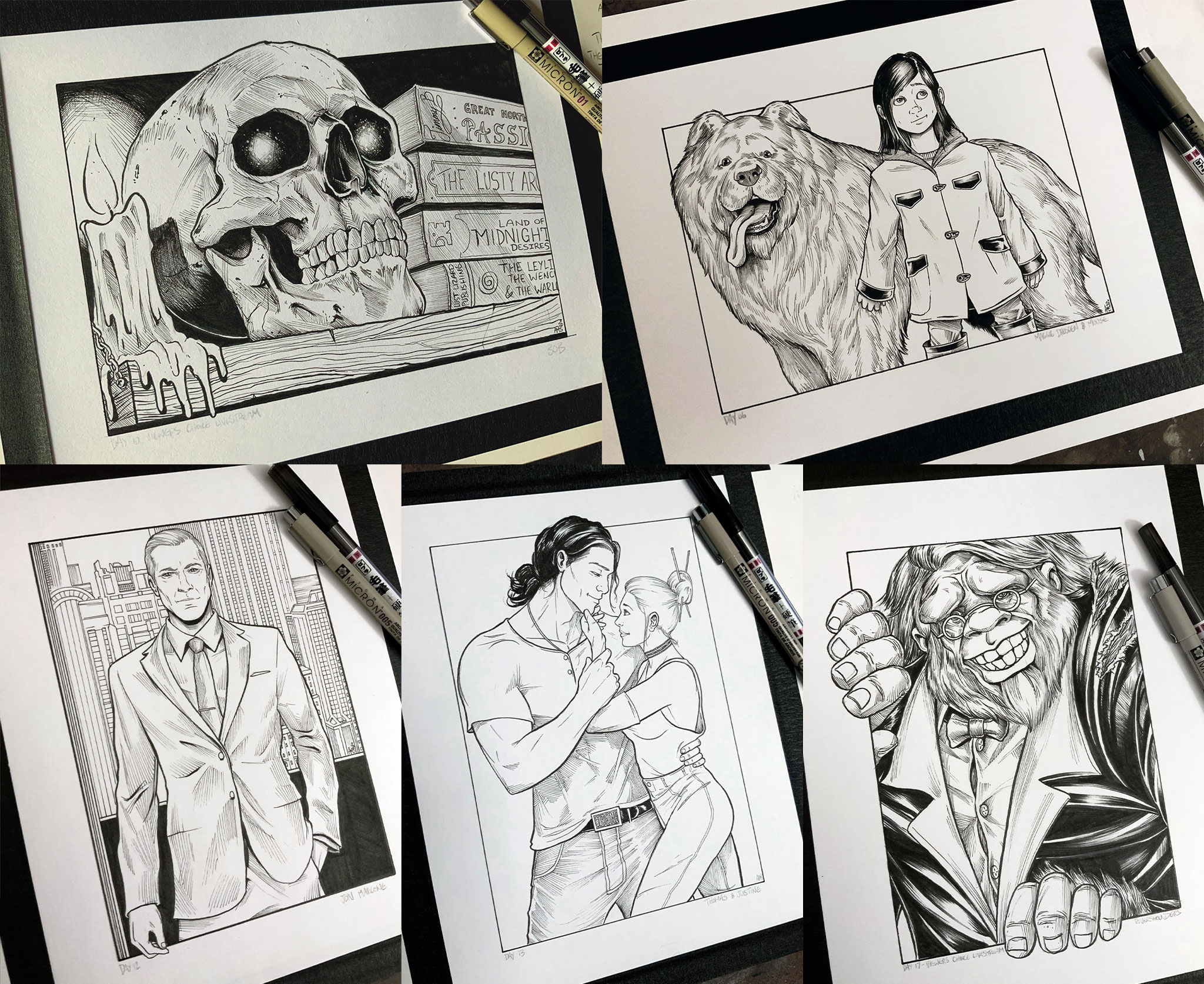 Collage of 5 images: Bob on Harry's shelf, Maggie shoulder to shoulder with a happy Mouse, Marcone before a backdrop of Chicago's skyline, Thomas and Justine embracing without touching skin, and a grinning River Shoulders in a tux and spectacles