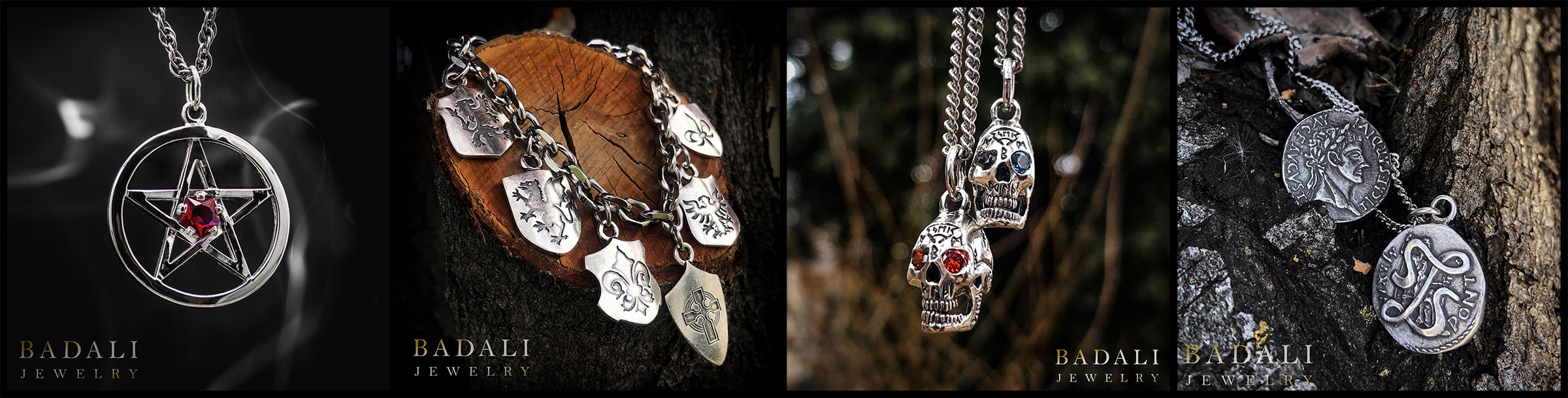 Badali Jewelry Dresden Files Line, including Harry's Pentacle and Shield Bracelet, a Bob necklace, and Lasciel's coin