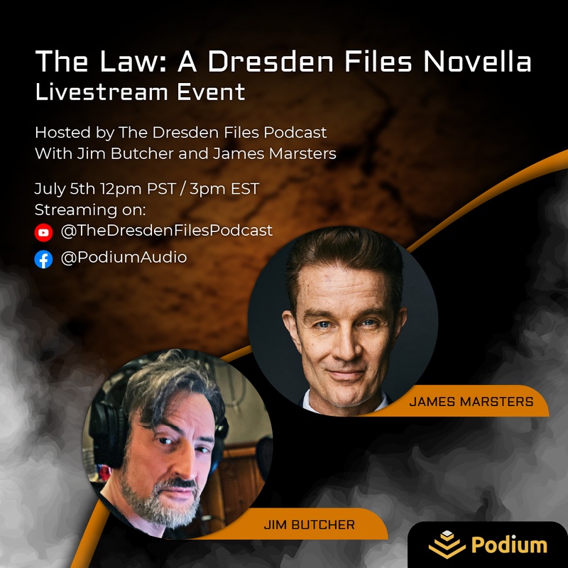 Poster announcing the livestream event with photos of Jim Butcher and James Marsters.