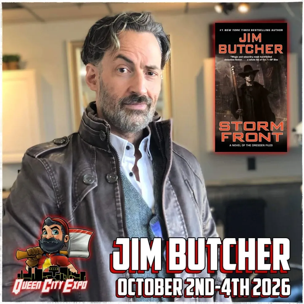 Image of Jim Butcher announcing his attendance to Queen City Expo, October 2nd-4th 2026.
